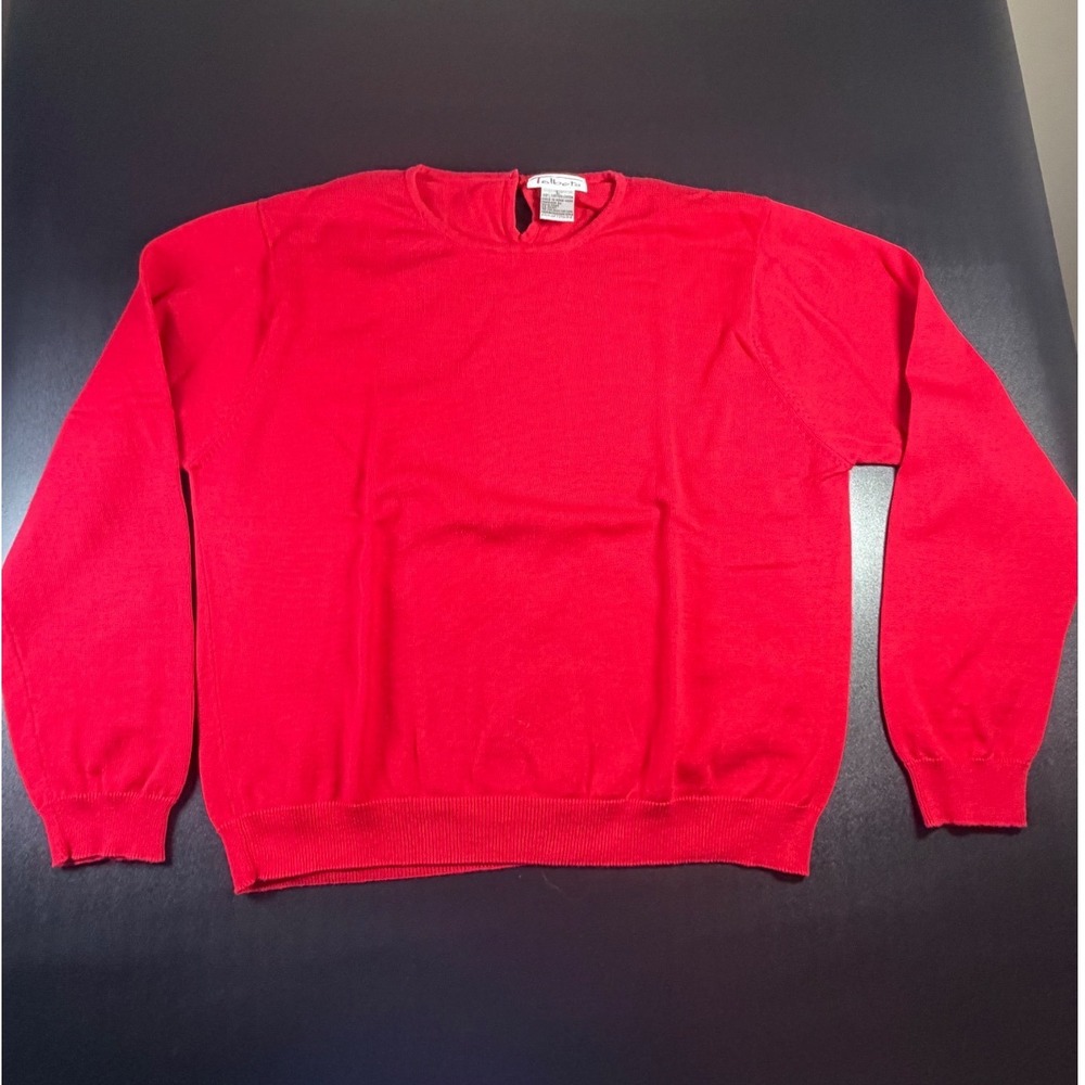 Talbots Women Red 100% Cotton Long Sleeve Keyhole Back Crewneck Sweater LargeK16